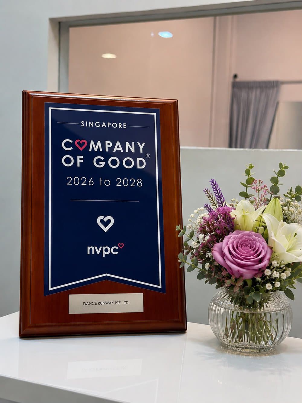 Dance Runway's Singapore Company of Good 2026 to 2028 plaque from NVPC